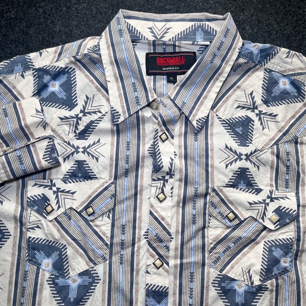 Rock and Roll Denim Western Shirt Mens XL Blue Aztec Pearl Snap Modern